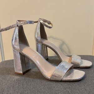 Kelly & Katie Silver Metallic Block Heel Ankle Strap Sandals